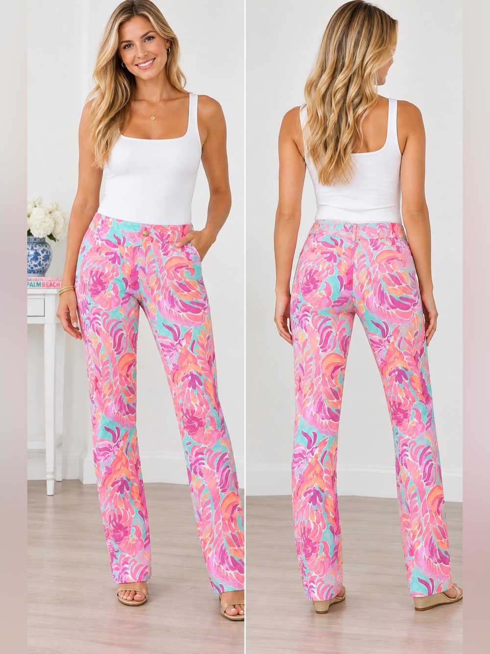 Lilly Pulitzer Floral Print Straight Leg Pants Pink Aqua Size 00